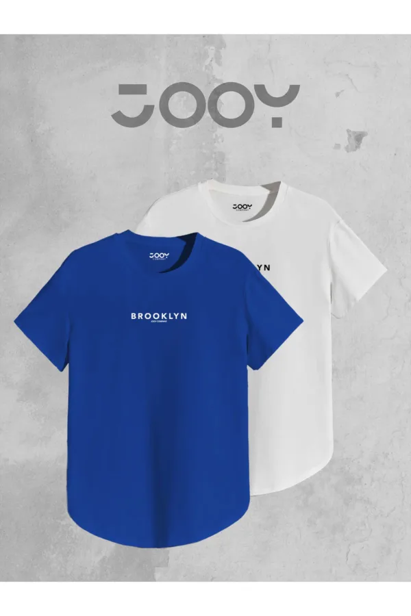 Brooklyn JC Baskılı Saks Mavi - Beyaz Oval Kesim Tshirt 2'li Set - L-alttext1