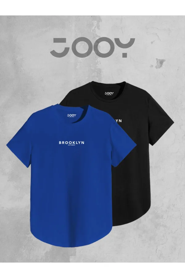 Brooklyn JC Baskılı Siyah - Saks Mavi Oval Kesim Tshirt 2'li Set - M-alttext1