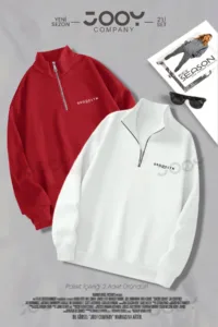 Brooklyn JC Yarım Fermuarlı Sweatshirt Kırmızı - Beyaz 2'li Kampanya Set-alttext1