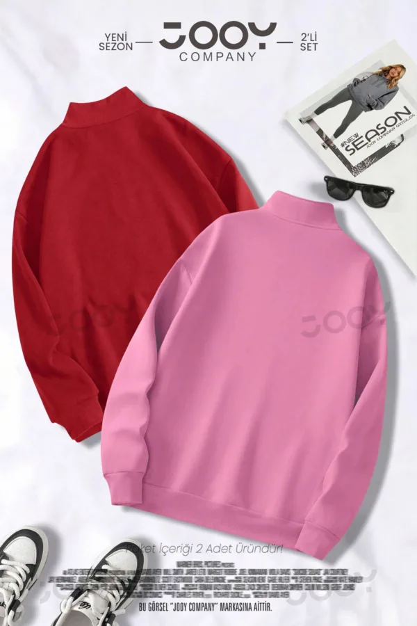 Brooklyn JC Yarım Fermuarlı Sweatshirt Kırmızı - Pembe 2'li Kampanya Set - L-alttext2