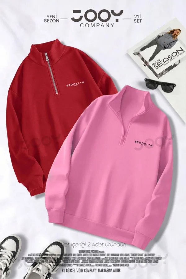 Brooklyn JC Yarım Fermuarlı Sweatshirt Kırmızı - Pembe 2'li Kampanya Set - L-alttext1