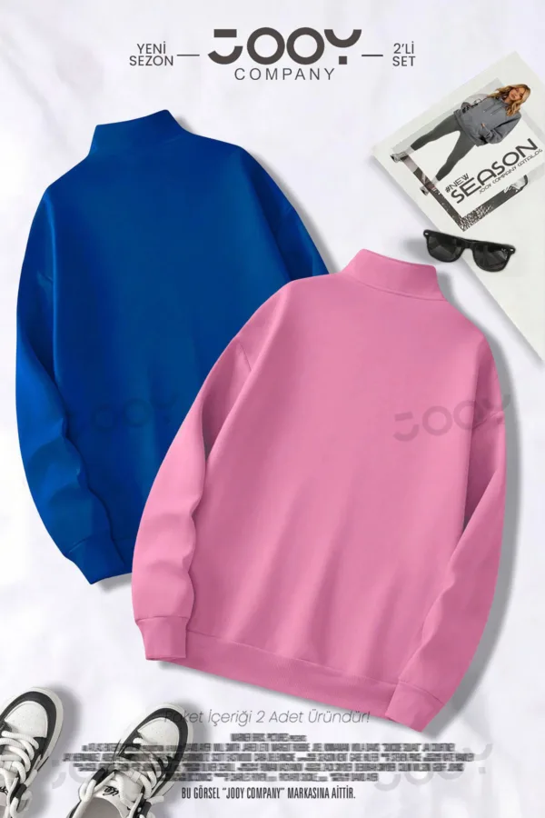 Brooklyn JC Yarım Fermuarlı Sweatshirt Saks Mavi - Pembe 2'li Kampanya Set - L-alttext2