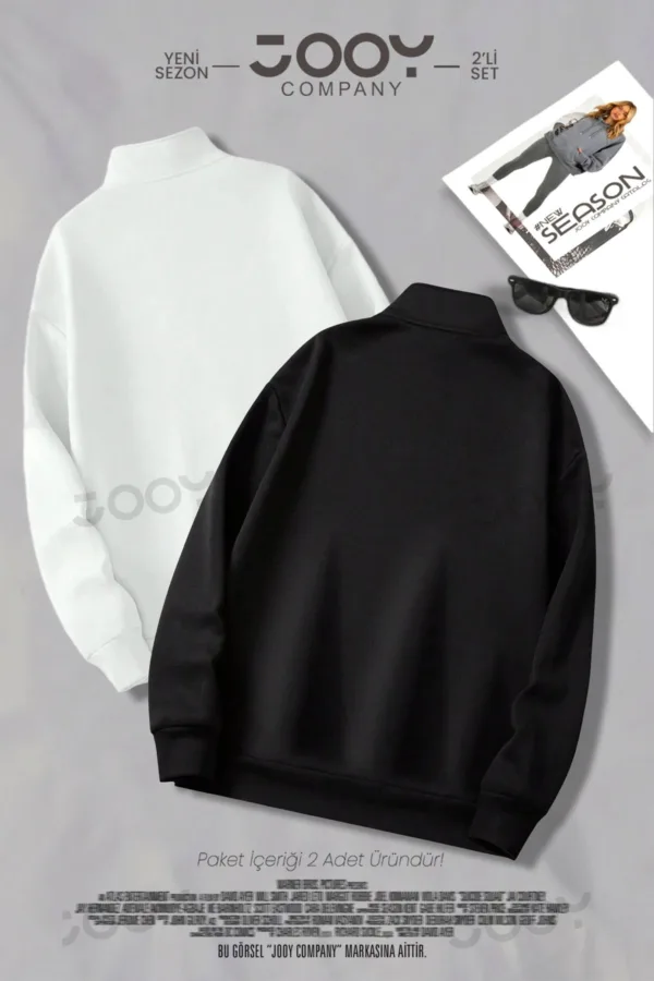 Brooklyn JC Yarım Fermuarlı Sweatshirt Siyah - Beyaz 2'li Kampanya Set - XL-alttext2