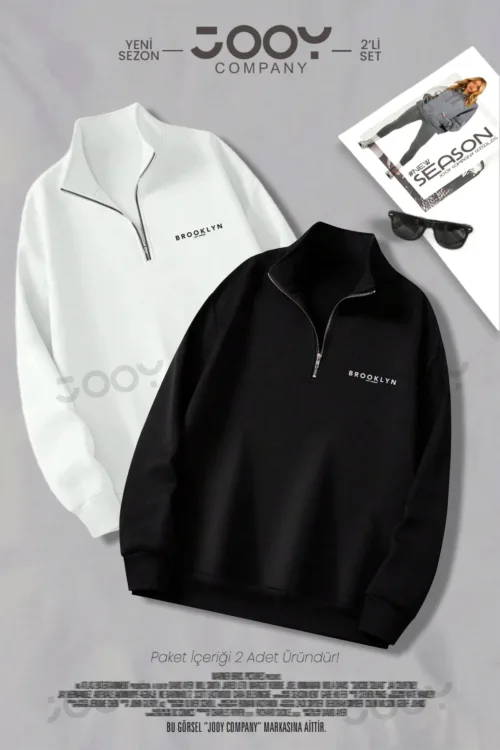 Brooklyn JC Yarım Fermuarlı Sweatshirt Siyah – Beyaz 2’li Kampanya Set