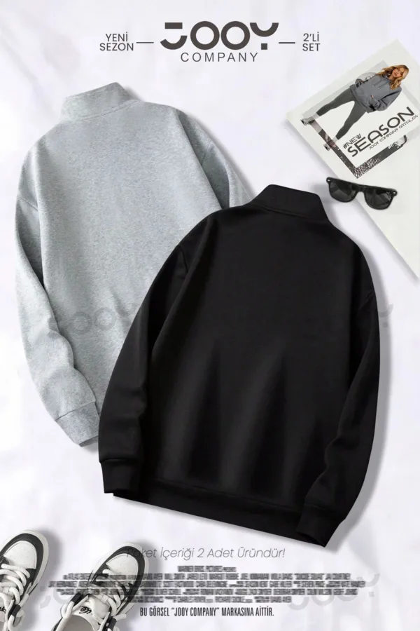 Brooklyn JC Yarım Fermuarlı Sweatshirt Siyah - Gri 2'li Kampanya Set - M-alttext2