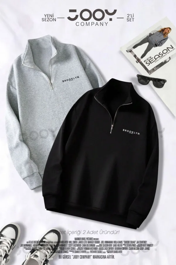 Brooklyn JC Yarım Fermuarlı Sweatshirt Siyah - Gri 2'li Kampanya Set - M-alttext1