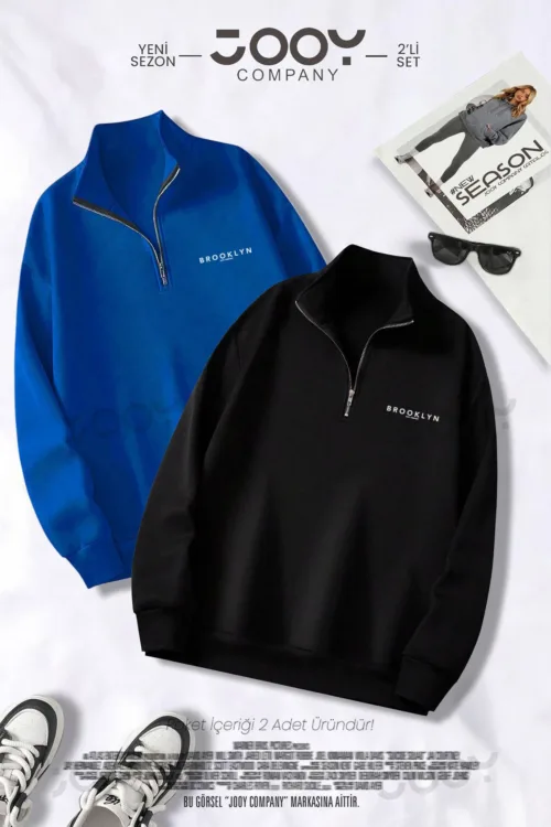 Brooklyn JC Yarım Fermuarlı Sweatshirt Siyah – Saks Mavi 2’li Kampanya Set