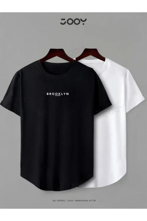 Brooklyn Jc Baskılı Siyah Beyaz Oval Kesim Tshirt 2’li Set