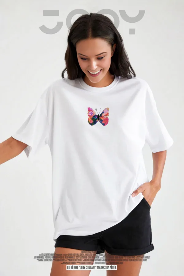Butterfly Effect Kelebek Baskılı Beyaz Oversize Tshirt - XL-alttext2