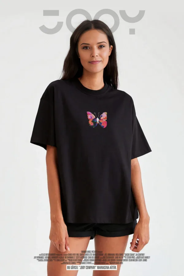 Butterfly Effect Kelebek Baskılı Siyah Oversize Tshirt - L-alttext2