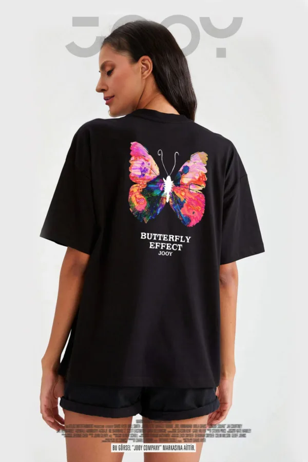 Butterfly Effect Kelebek Baskılı Siyah Oversize Tshirt - L-alttext1