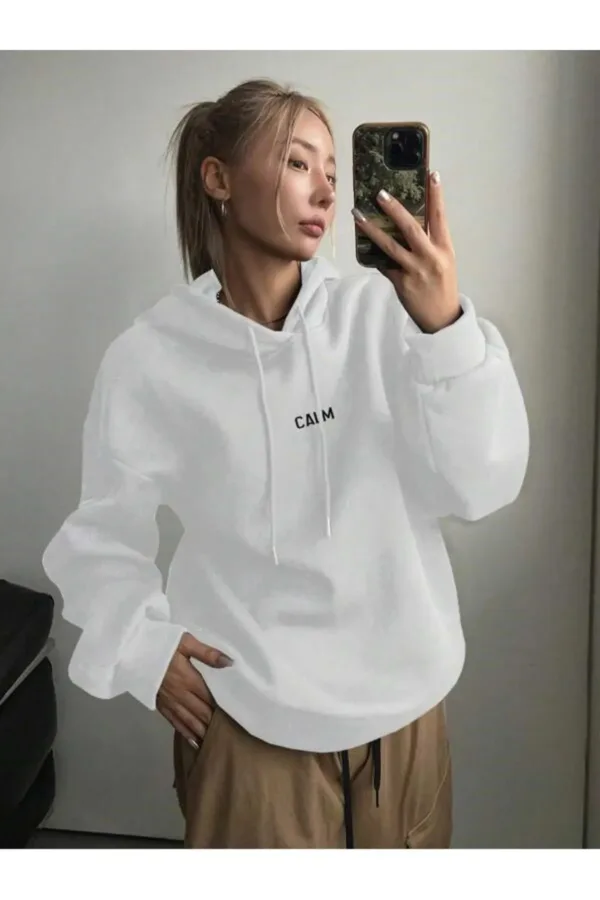 Calm Growth Beyaz Kadın Kapüşonlu Sweatshirt Hoodie - L-alttext2