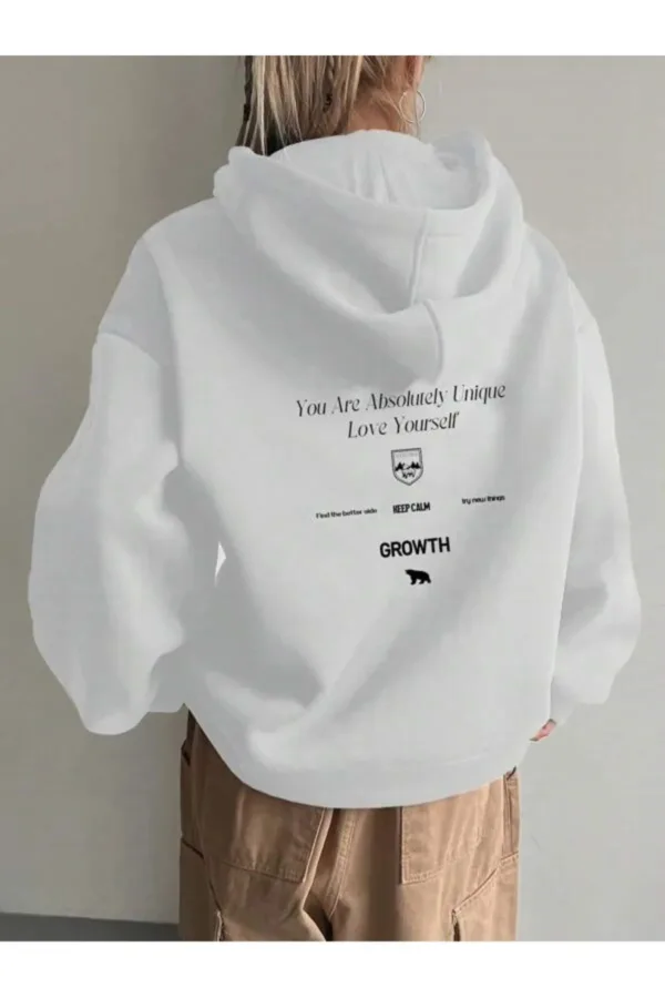 Calm Growth Beyaz Kadın Kapüşonlu Sweatshirt Hoodie - L-alttext3