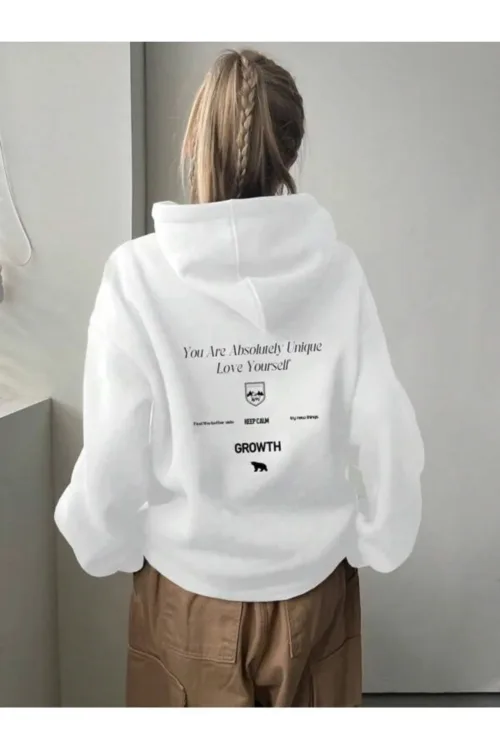 Calm Growth Beyaz Kadın Kapüşonlu Sweatshirt Hoodie