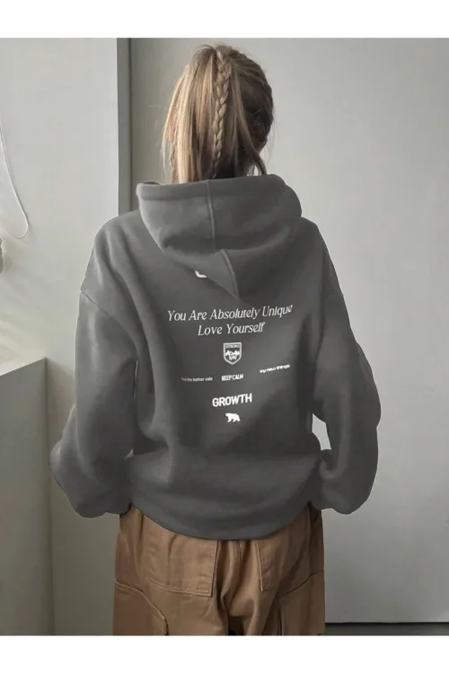 Calm Growth Duman Gri Füme Kadın Kapüşonlu Sweatshirt Hoodie
