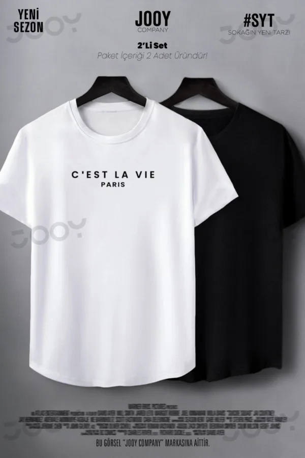 C'est La Vie Paris Baskılı Siyah Beyaz Oval Kesim Tshirt 2'li Set - S-alttext1