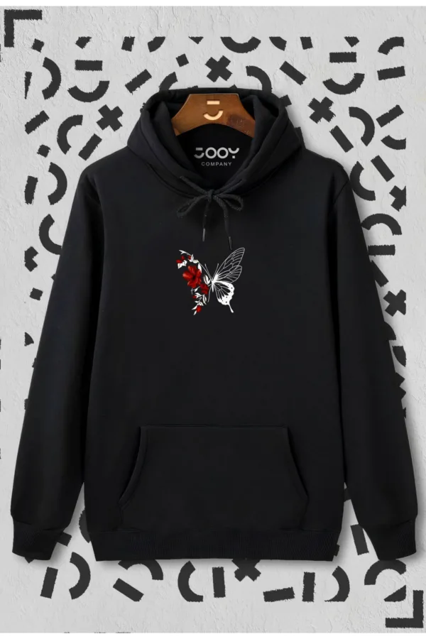 Çiçekli Kelebek Baskılı Kapüşonlu Sweatshirt - XL-alttext2