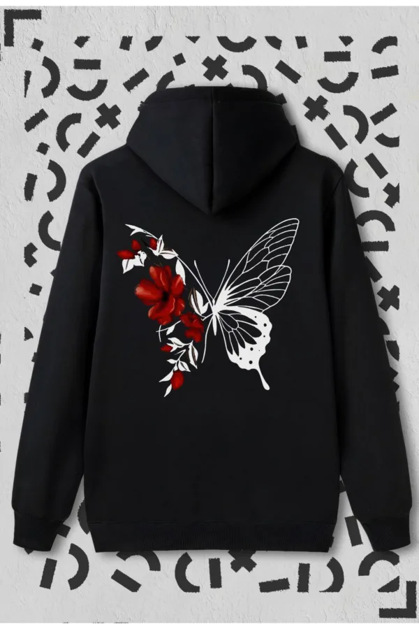 Çiçekli Kelebek Baskılı Kapüşonlu Sweatshirt - XL-alttext1