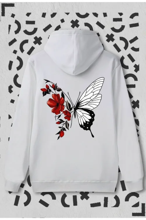Çiçekli Kelebek Baskılı Kapüşonlu Sweatshirt
