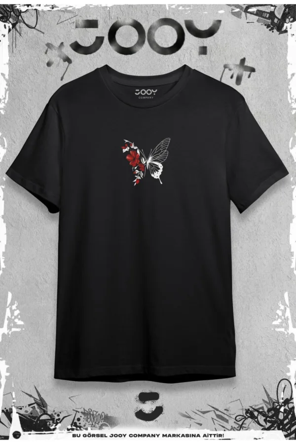 Çiçekli Kelebek Baskılı Siyah Oversize Tshirt - S-alttext2