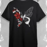 Çiçekli Kelebek Baskılı Siyah Oversize Tshirt - S-alttext1