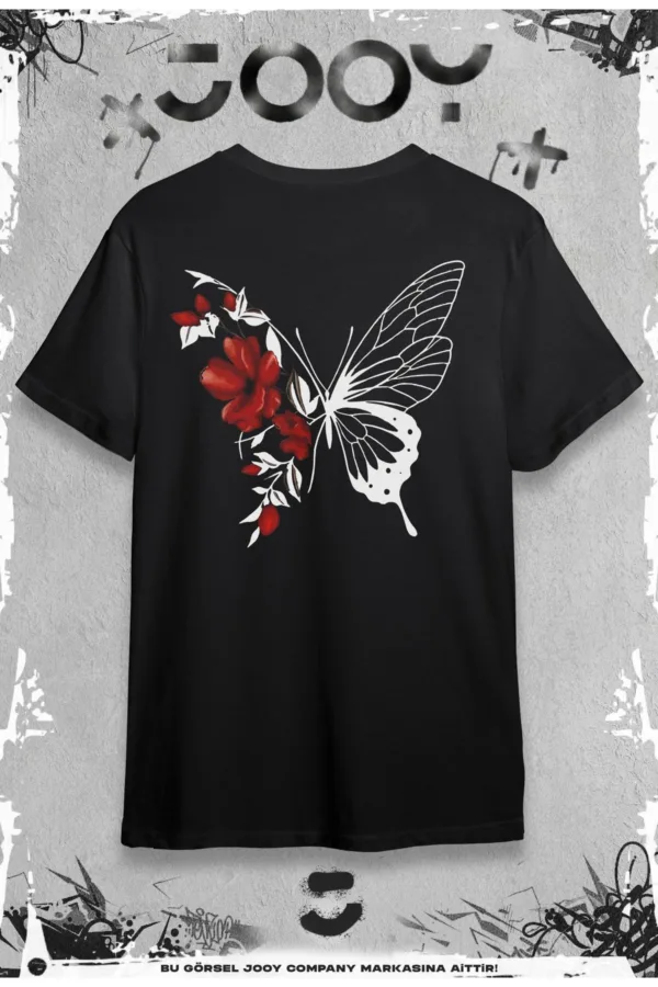 Çiçekli Kelebek Baskılı Siyah Oversize Tshirt - S-alttext1