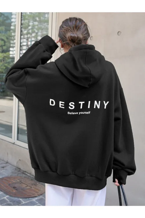 Destiny Siyah Kadın Kapüşonlu Sweatshirt Hoodie