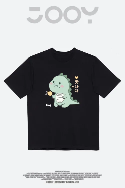 Dinazor Baskılı Siyah Oversize Tshirt