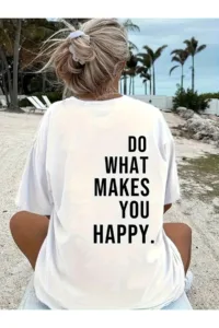 Do What Makes You Happy Baskılı Beyaz Oversize Tshirt-alttext1