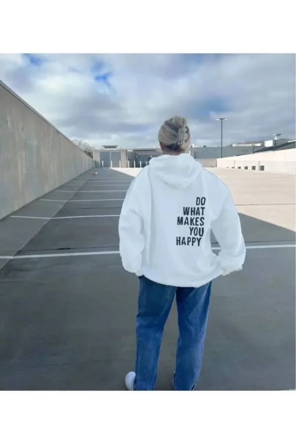 Do What Makes You Happy Beyaz Kapüşonlu 3 İplik Sweatshirt - M-alttext2