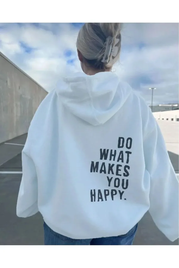 Do What Makes You Happy Beyaz Kapüşonlu 3 İplik Sweatshirt - M-alttext1