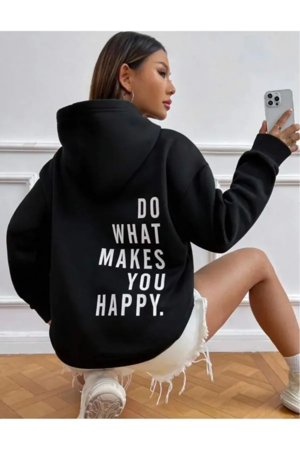Do What Makes You Happy Siyah Kapüşonlu 3 İplik Sweatshirt - XL-alttext1