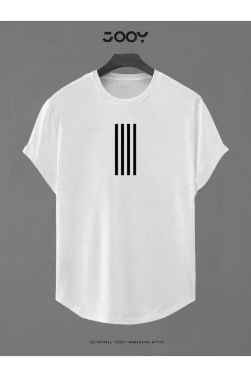Dört Şerit Baskılı Slim Fit Oval Kesim T-Shirt