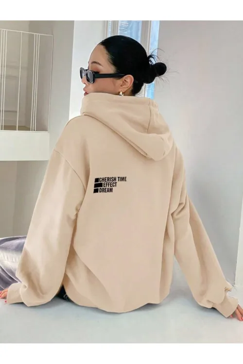 Dream Effect Bej Kadın Kapüşonlu Sweatshirt Hoodie