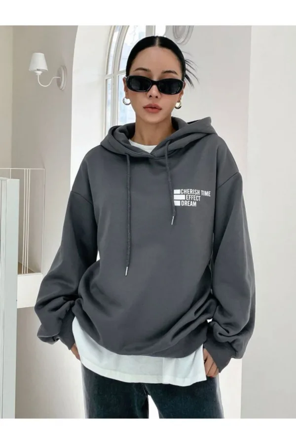 Dream Effect Duman Gri Füme Kadın Kapüşonlu Sweatshirt Hoodie - L-alttext2