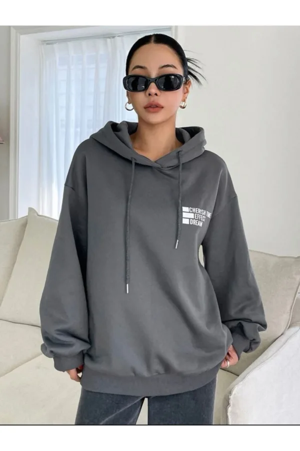 Dream Effect Duman Gri Füme Kadın Kapüşonlu Sweatshirt Hoodie - L-alttext4