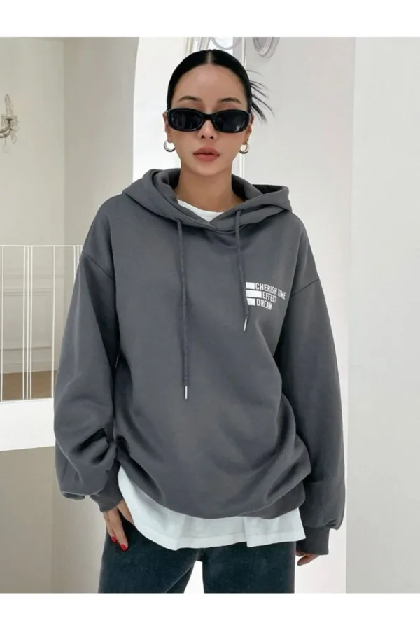 Dream Effect Duman Gri Füme Kadın Kapüşonlu Sweatshirt Hoodie - L-alttext5
