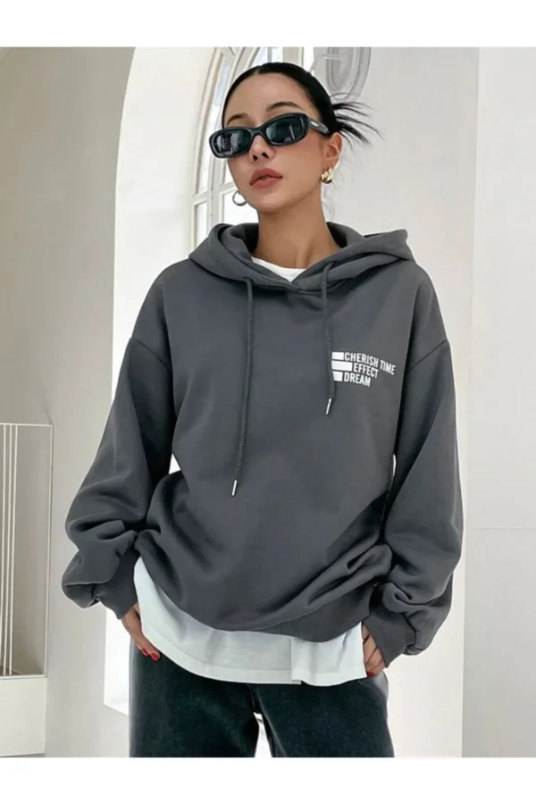 Dream Effect Duman Gri Füme Kadın Kapüşonlu Sweatshirt Hoodie - L-alttext6