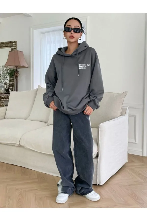 Dream Effect Duman Gri Füme Kadın Kapüşonlu Sweatshirt Hoodie - L-alttext7