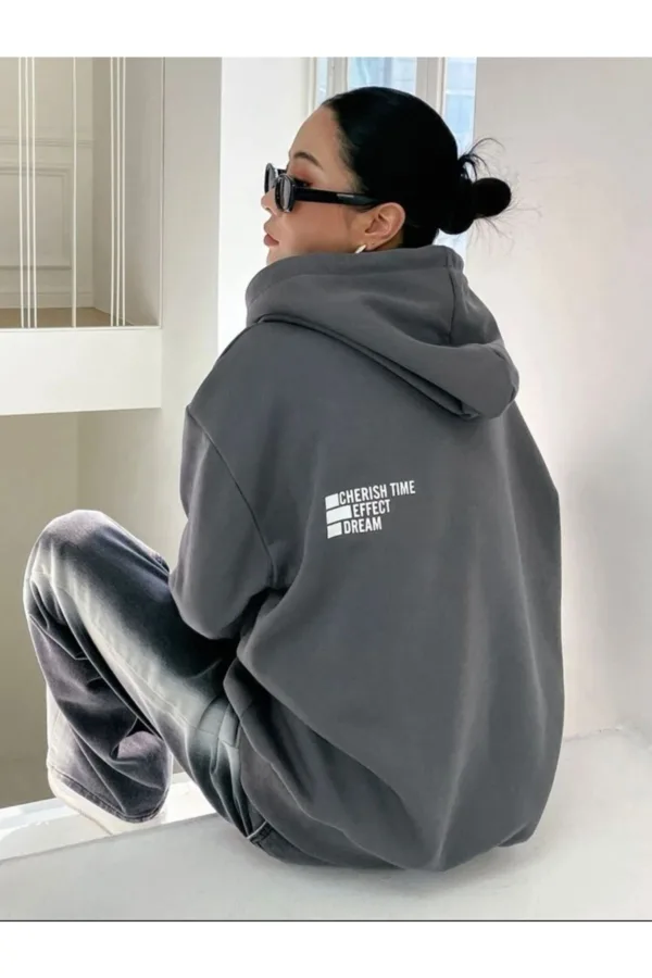 Dream Effect Duman Gri Füme Kadın Kapüşonlu Sweatshirt Hoodie - L-alttext8