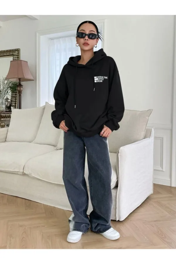 Dream Effect Siyah Kadın Kapüşonlu Sweatshirt Hoodie - S-alttext3