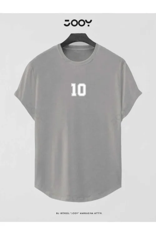 Duman Gri 10 Numara Baskılı Slim Fit Oval Kesim T-Shirt