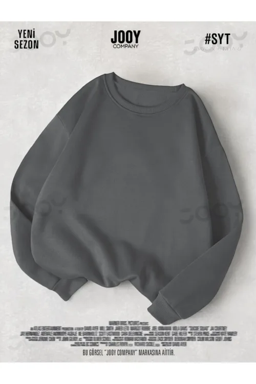 Duman Gri 3 iplik Bisiklet Yaka Düz Baskısız Basic Sweatshirt