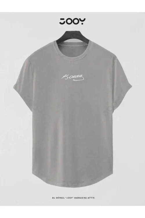 Duman Gri Atatürk İmza Baskılı Slim Fit Oval Kesim T-Shirt