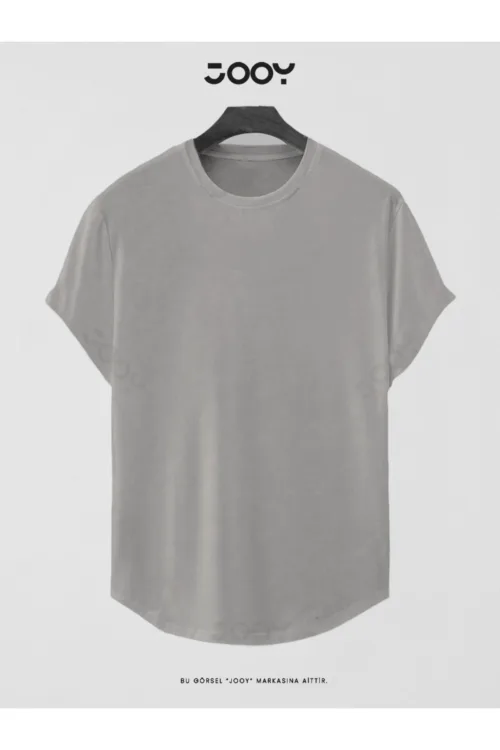 Duman Gri Düz Baskısız Basic Slim Fit Oval Kesim T-Shirt
