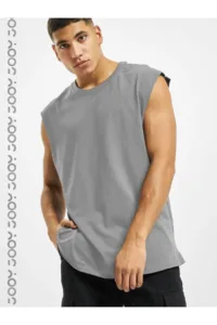 Duman Gri Erkek Pamuklu Antrenman Sporcu Atleti Oversize Kolsuz T-Shirt-alttext1