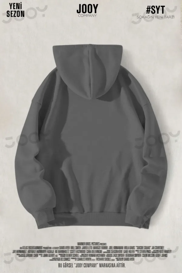 Duman Gri Füme Düz Baskısız Kalın Şardonlu 3 İplik Kapüşonlu Sweatshirt - S-alttext2