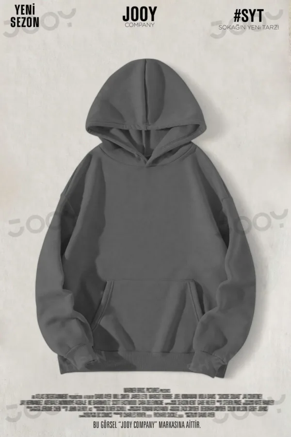 Duman Gri Füme Düz Baskısız Kalın Şardonlu 3 İplik Kapüşonlu Sweatshirt - S-alttext1