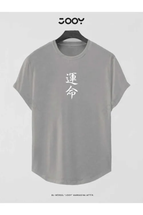 Duman Gri Japan Destiny Baskılı Slim Fit Oval Kesim T-Shirt