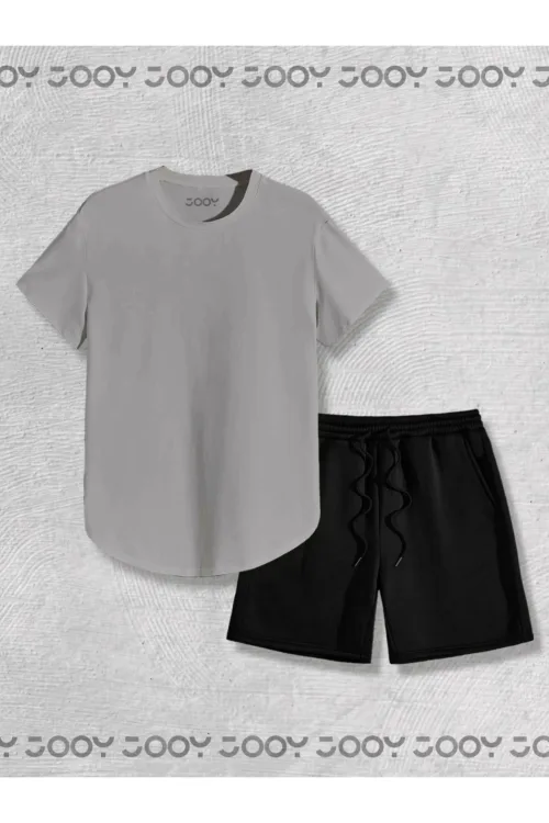 Duman Gri Oval Kesim Tshirt – Siyah Penye Şort 2’li Takım
